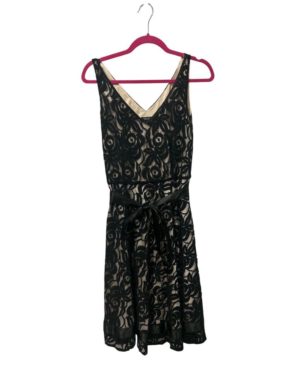 Tahari Black Lace Overlay Fit and Flate Midi Cocktail Dress with Nude Lining